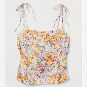 H&M 100% Linen Tie-Shoulder Floral Crop Fitted Camisole Top Smocked Back Sz XS